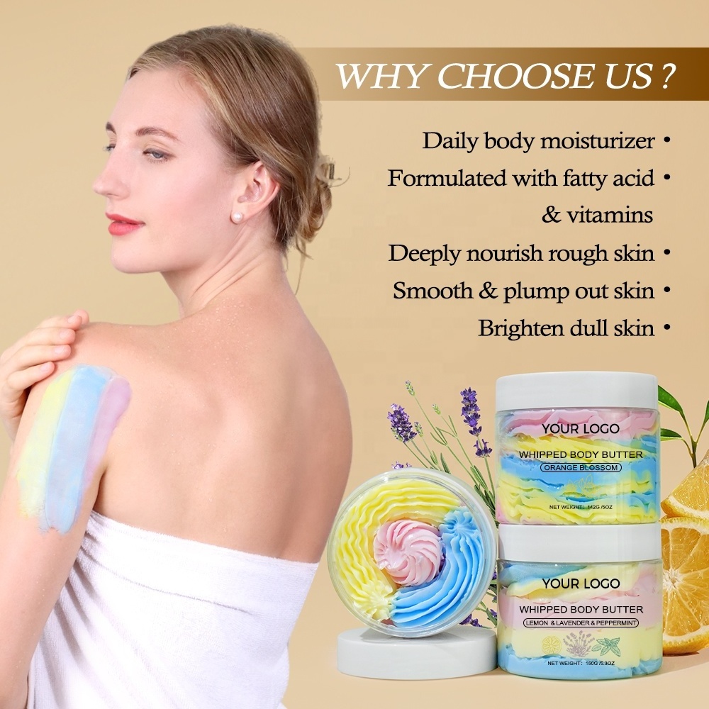 Custom Luxury Colorful Skin Whitening Moisturizing Soothe Natural Fruit Whipped Shea Body Butter Cream