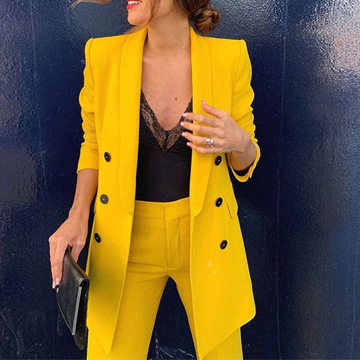 Office ladies working suits custom made blazer women yellow breasted ladies business suit 2020