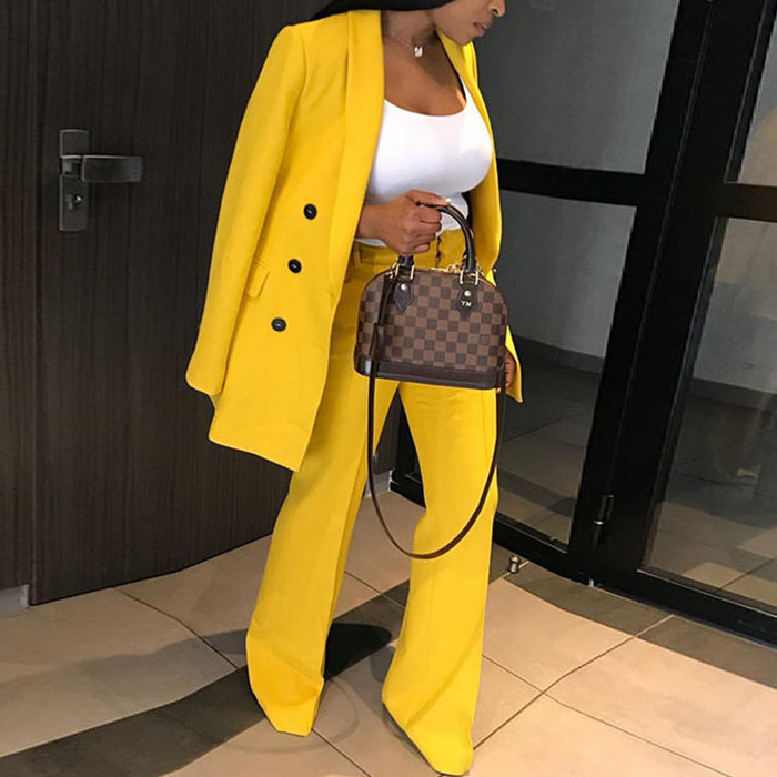 Office ladies working suits custom made blazer women yellow breasted ladies business suit 2020