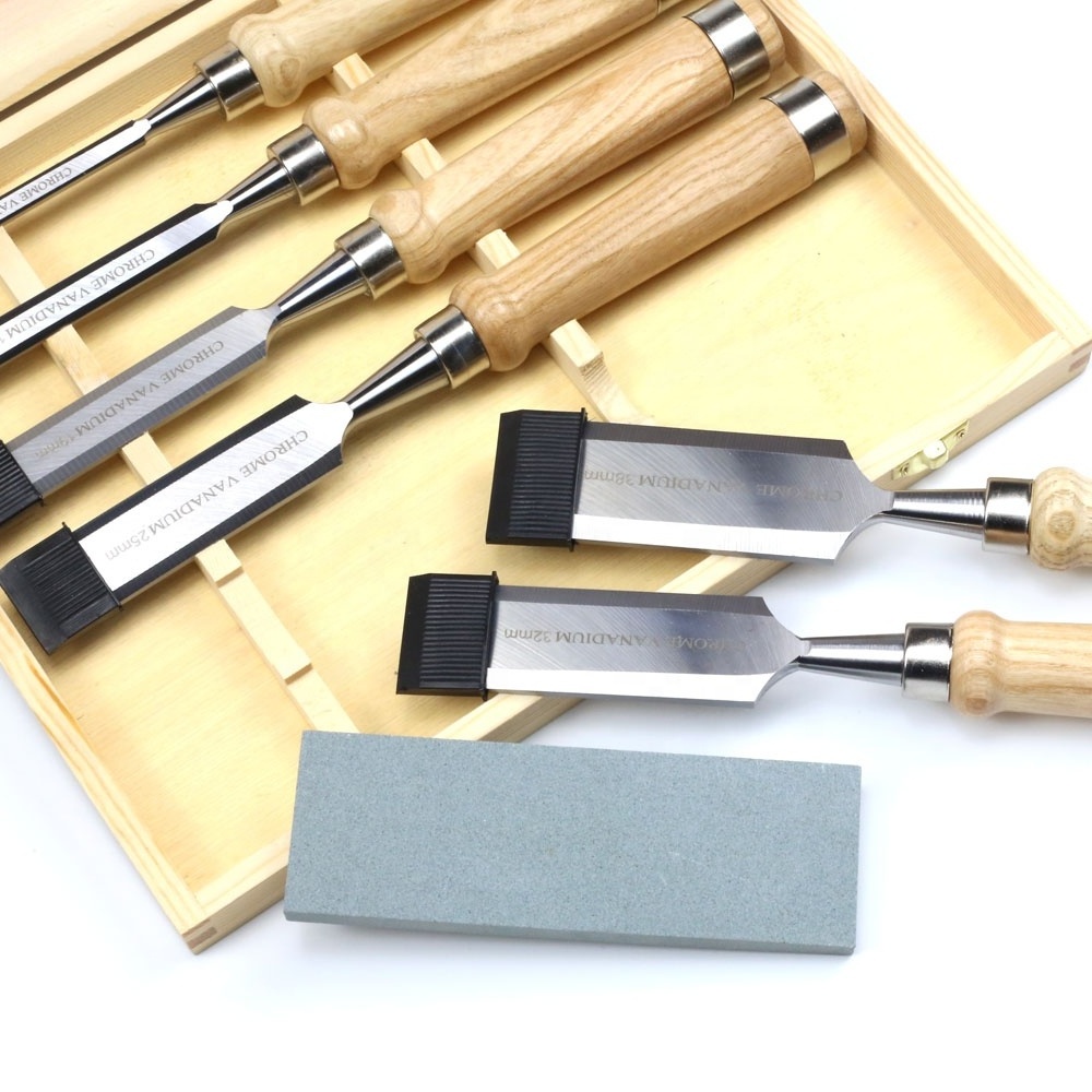 6pcs straight flat wooden handle wood chisels with wooden case packing and sharpening stone