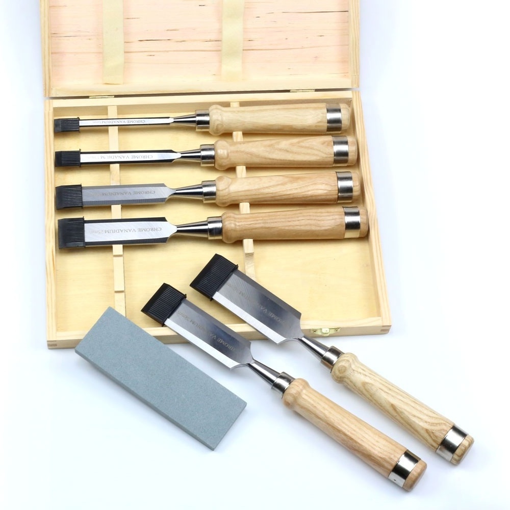 6pcs straight flat wooden handle wood chisels with wooden case packing and sharpening stone