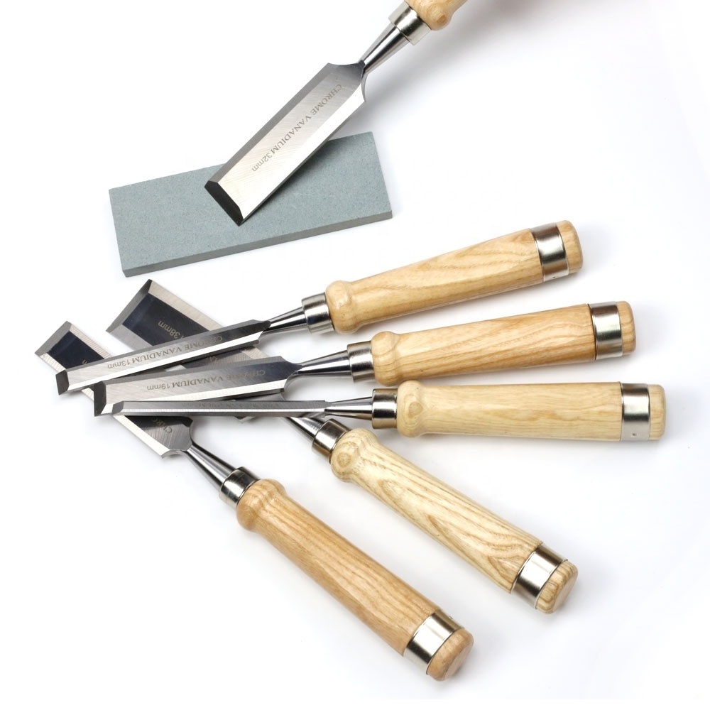 6pcs straight flat wooden handle wood chisels with wooden case packing and sharpening stone