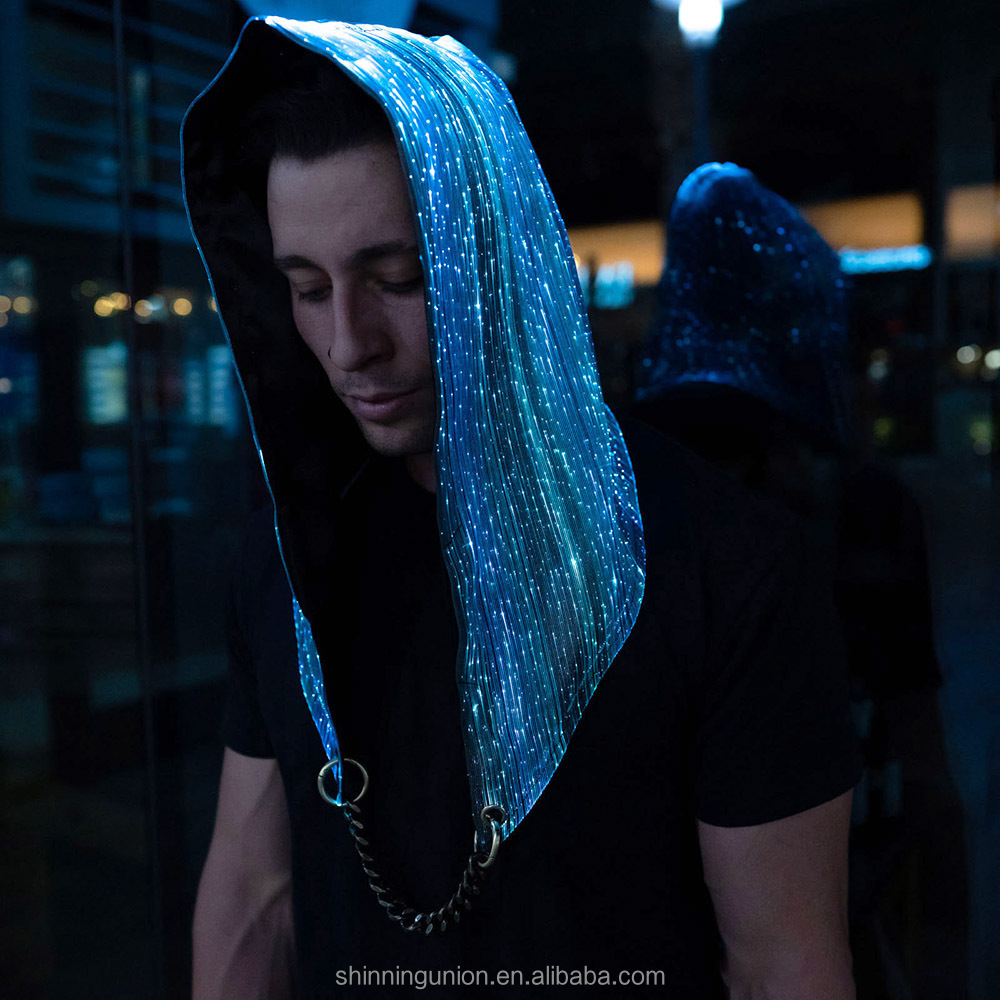 LED Fiber Optic Light Up Fabric Hood for Men - Custom Design Party Rave Costumes Burning Man - LED Dance Clothing Glow in Dark