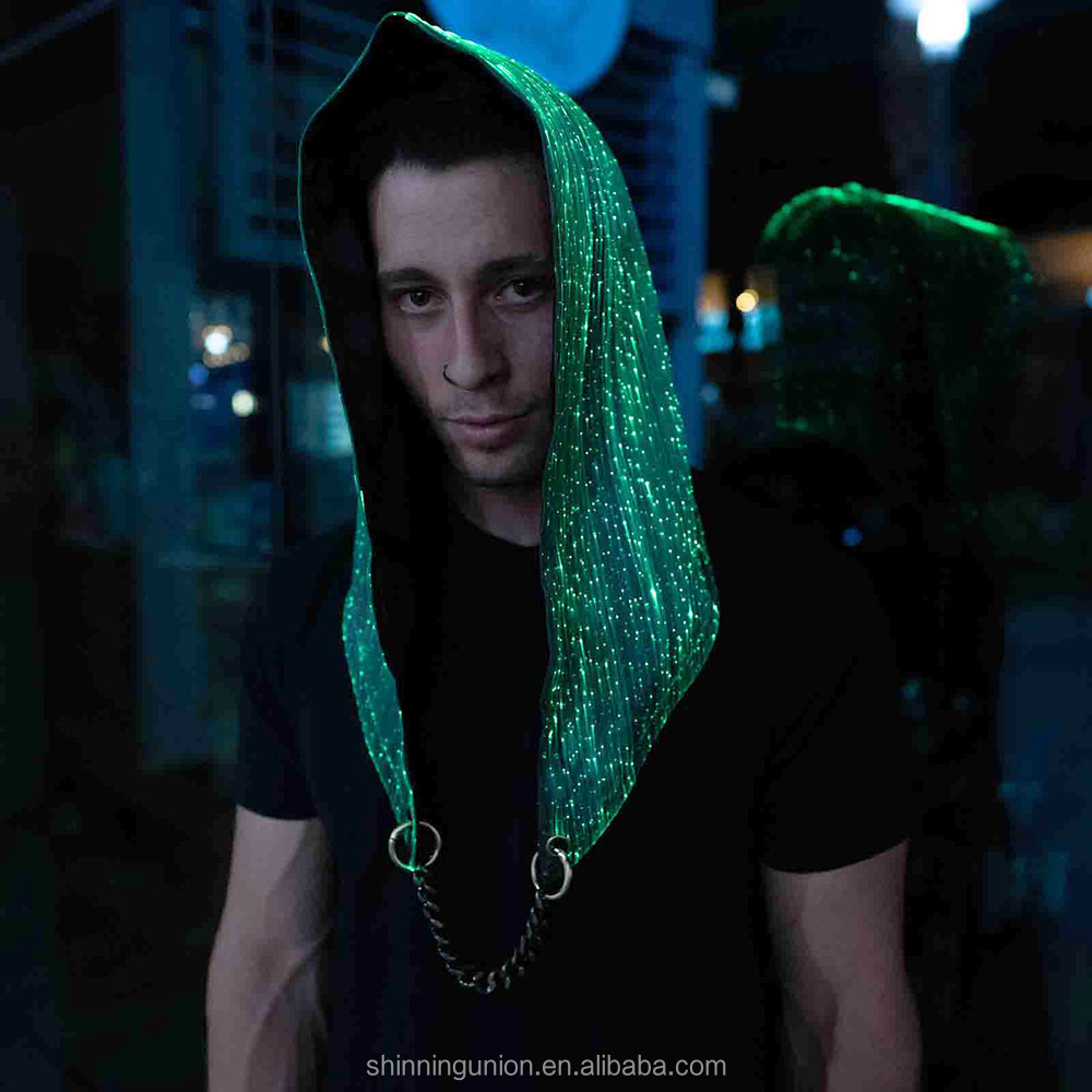 Burning Man Festival Costumes - LED Fiber Optic Fabric Light Up Hood Clothing - Luminous Lion Dance Costume Rave Hoods Props