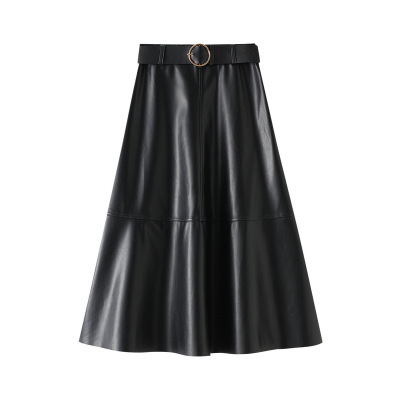 Autumn Winter PU Faux Leather Long Skirt High Waist Vintage A-line Skirt Chic Mid-calf Umbrella Skirt  with Belt