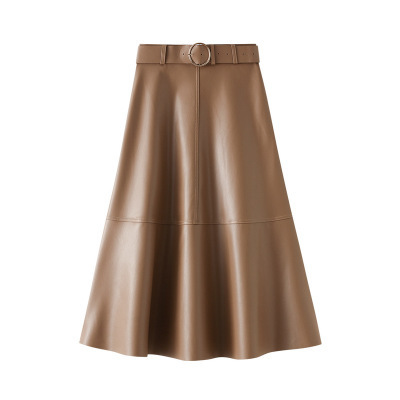 Autumn Winter PU Faux Leather Long Skirt High Waist Vintage A-line Skirt Chic Mid-calf Umbrella Skirt  with Belt