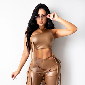 Ribbons Cut Out Skinny Backless Crop Top Women Sets PU Faux Leather Pants Sexy Club Party Streetwear Outfits C13625