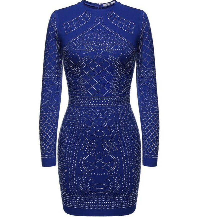 9 Color 2019 Sexy Geometric Retro Rhinestone Long-Sleeved Bodycon Tight Dress Black White Red Party Dresses S- 2XL Y10810