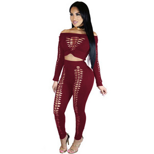 Hollow Out Hole Sexy Two Piece Pants Set Women Round Neck Full Sleeve Crop Top and Ripped Bandage Long Pants 2 Pcs Sweat Suits