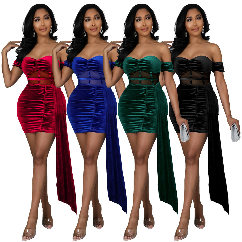 Women Classy Party Sexy Strapless Ruched Dress Bodycon Club Wear Night Velvet Prom Evening Mini Dresses