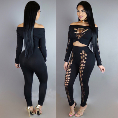 Hollow Out Hole Sexy Two Piece Pants Set Women Round Neck Full Sleeve Crop Top and Ripped Bandage Long Pants 2 Pcs Sweat Suits