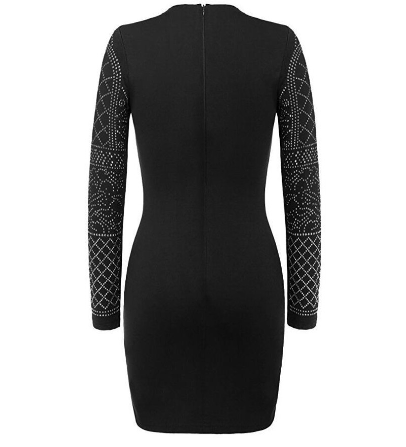 9 Color 2019 Sexy Geometric Retro Rhinestone Long-Sleeved Bodycon Tight Dress Black White Red Party Dresses S- 2XL Y10810