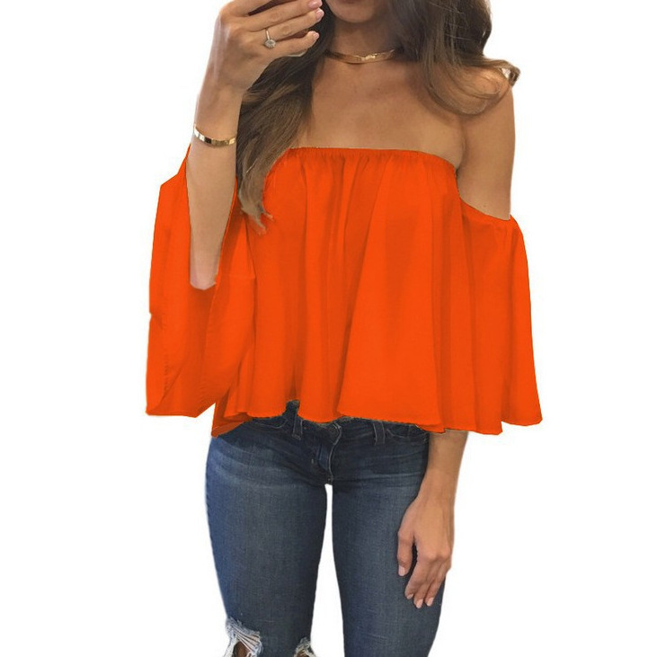 Women Summer Off the Shoulder Blouses Short Sleeves Sexy Tops Chiffon Ruffles Loose Crop Top Casual Tee Beach Clothing T Shirt