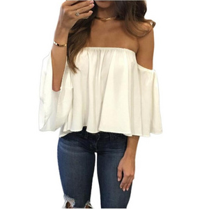 Women Summer Off the Shoulder Blouses Short Sleeves Sexy Tops Chiffon Ruffles Loose Crop Top Casual Tee Beach Clothing T Shirt