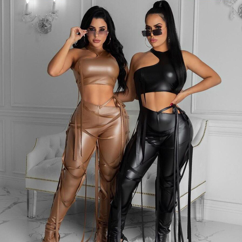 Ribbons Cut Out Skinny Backless Crop Top Women Sets PU Faux Leather Pants Sexy Club Party Streetwear Outfits C13625