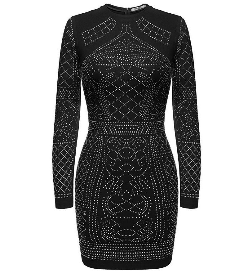 9 Color 2019 Sexy Geometric Retro Rhinestone Long-Sleeved Bodycon Tight Dress Black White Red Party Dresses S- 2XL Y10810