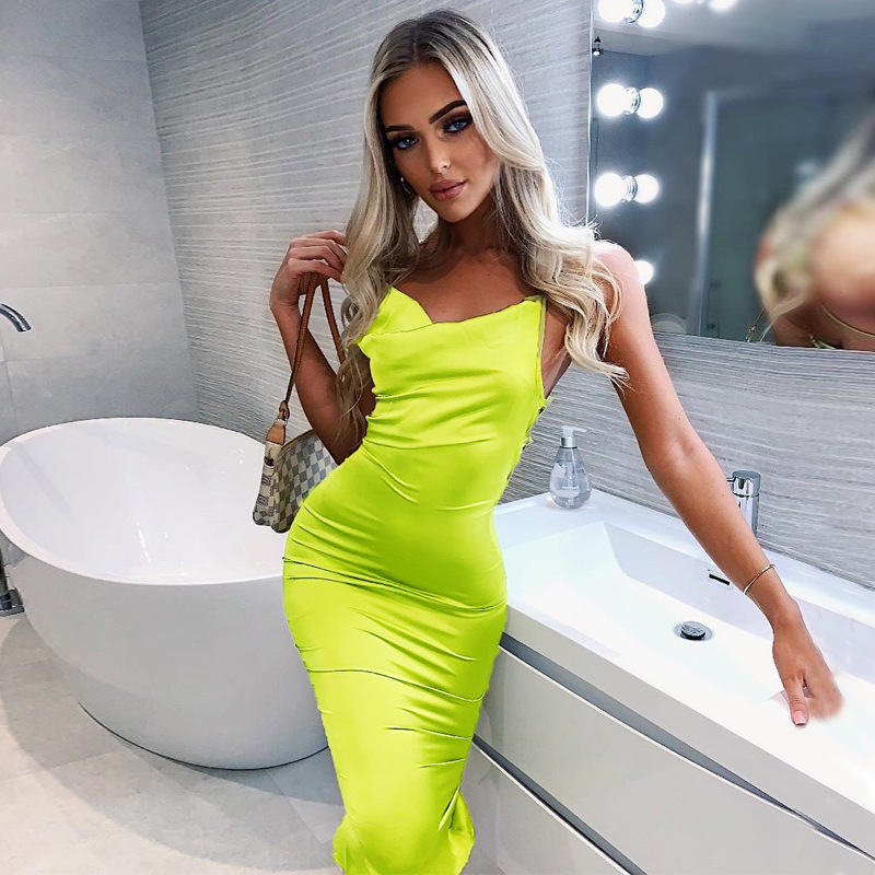 Neon satin lace up summer women bodycon long midi dress sleeveless backless elegant party outfits sexy club dresses