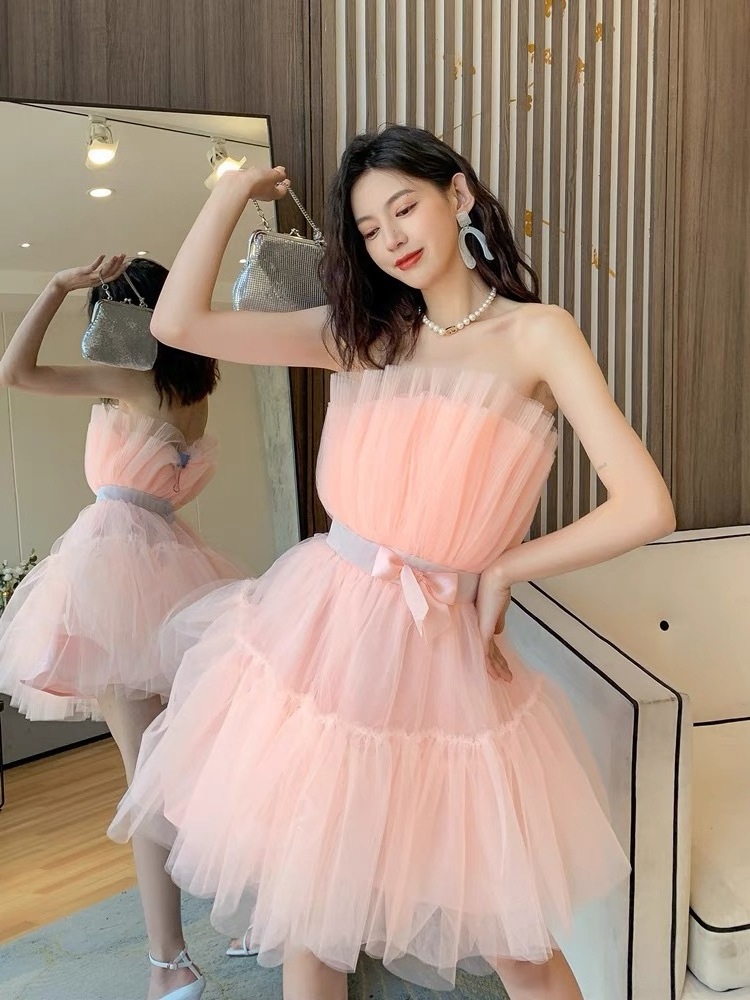 Elegant Strapless Mesh Dresses Women Sexy Off Shoulder Bow Knot Sleeveless Mini Dress Women's Club Party Wear