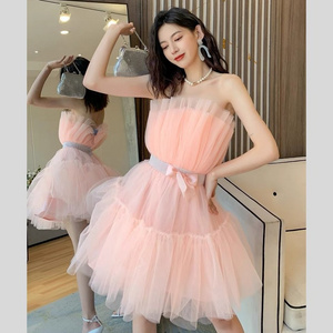 Elegant Strapless Mesh Dresses Women Sexy Off Shoulder Bow Knot Sleeveless Mini Dress Women's Club Party Wear