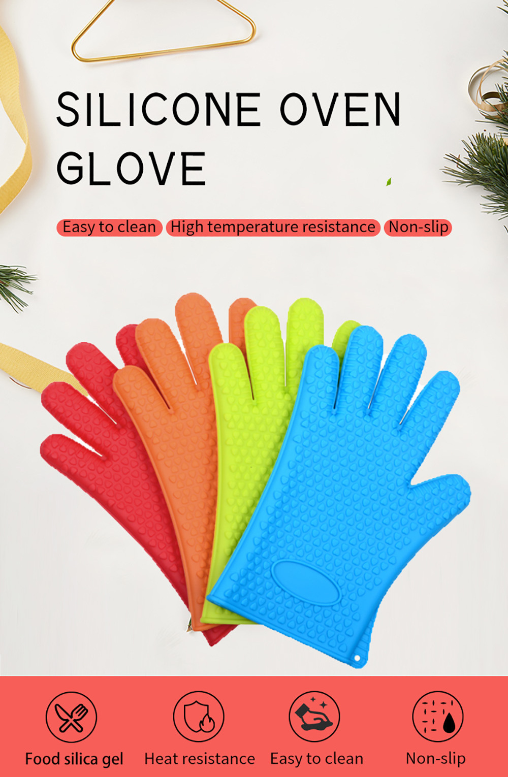 Food Grade Household Grill Meat BBQ Gloves, Colorful Kitchen Double Non-Slip Silicone Kitchen Oven Gloves for Baking, Microwave