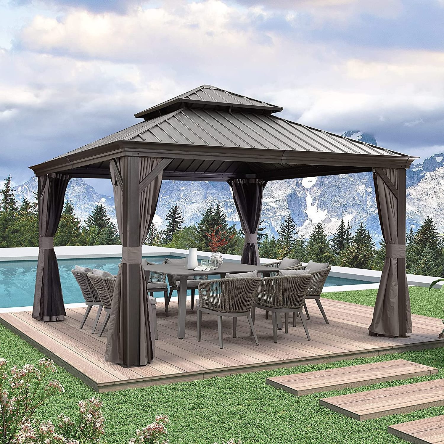 10' X 12' Hardtop hard top Permanent Patio Galvanized Steel Canopy Aluminum Frame Garden Gazebo with Curtains and Netting