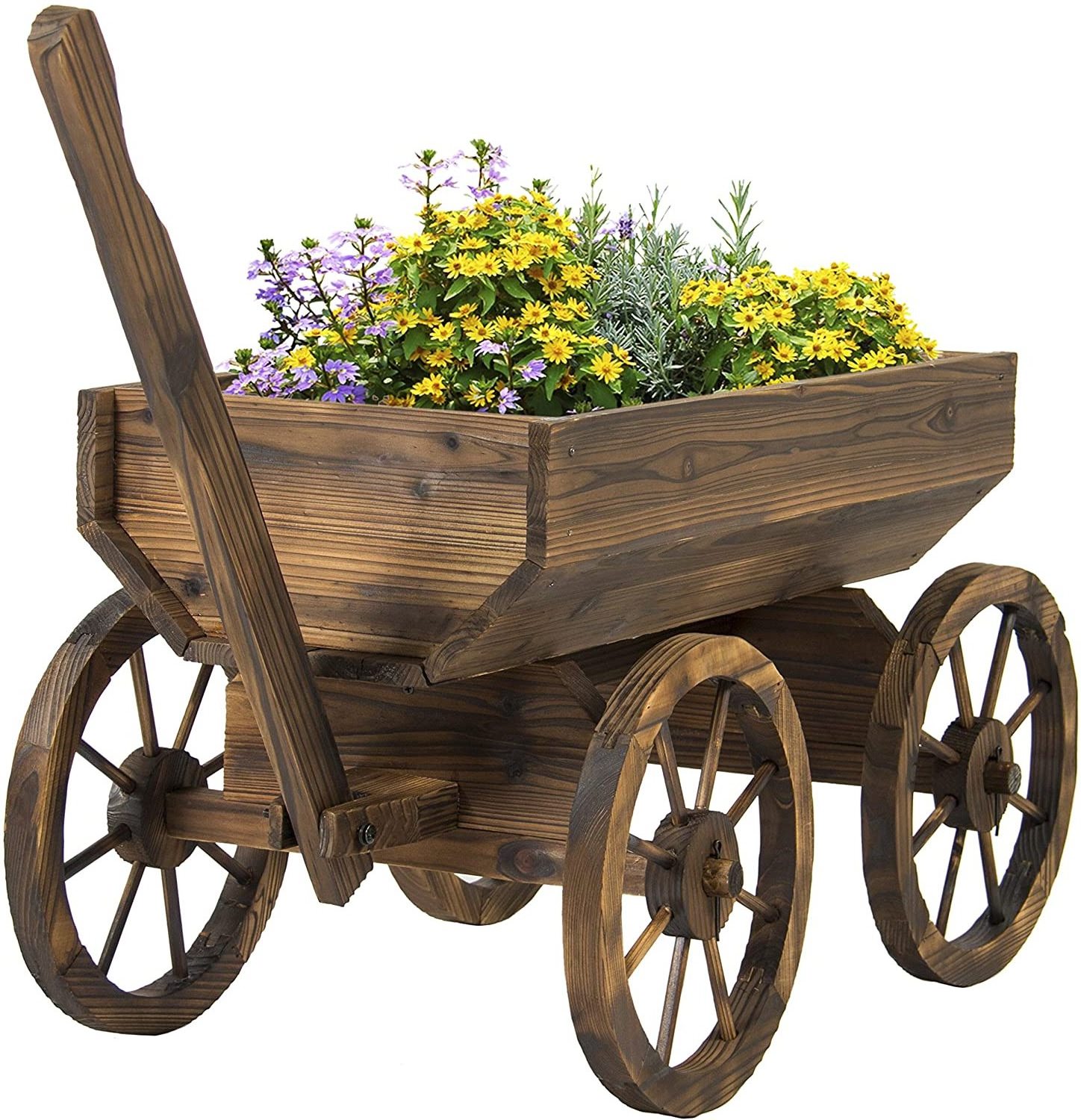 Wooden Flower Planter Wagon Pot Stand Outdoor decoration w/Rolling Wheels and Handle