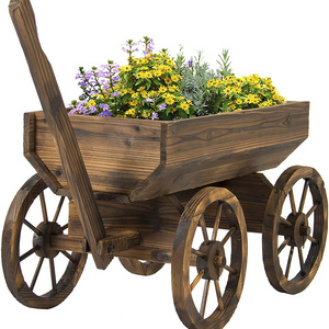 Wooden Flower Planter Wagon Pot Stand Outdoor decoration w/Rolling Wheels and Handle