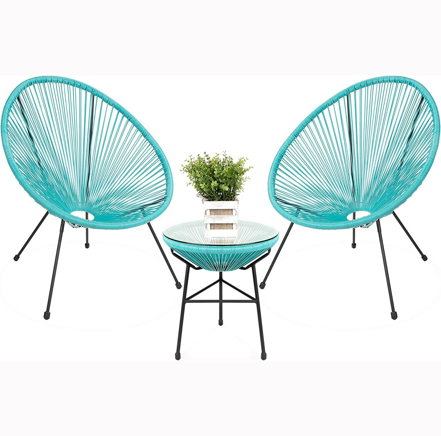 3-Piece Outdoor Acapulco All-Weather Patio Conversation Bistro Set w/Plastic Rope, Glass Top Table and 2 Chair