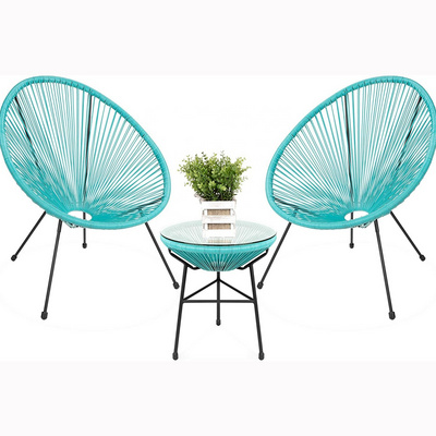 3-Piece Outdoor Acapulco All-Weather Patio Conversation Bistro Set w/Plastic Rope, Glass Top Table and 2 Chair