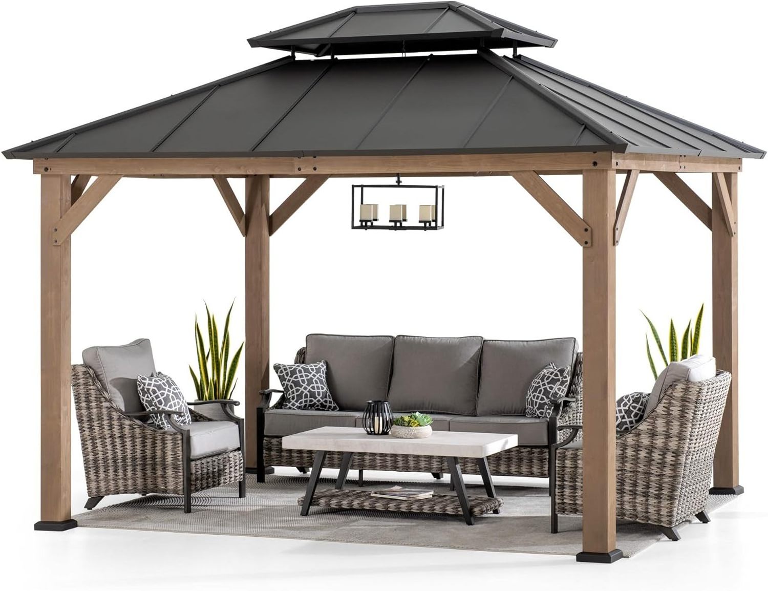 Sunjoy 10 x 12 ft. Wood Gazebo, Outdoor Patio Steel Hardtop Gazebo, Cedar Framed Wooden Gazebo with 2-Tier Metal Roof