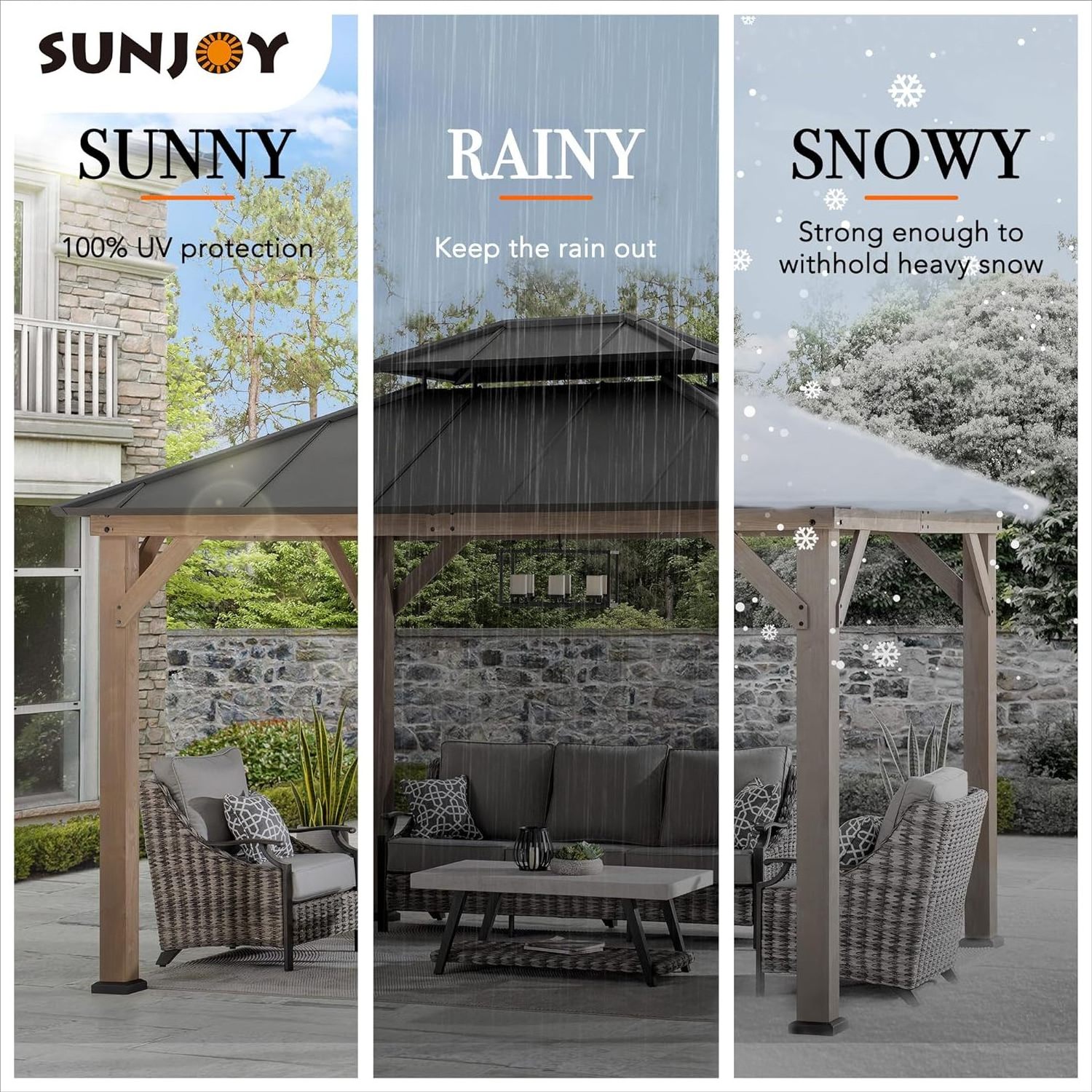 Sunjoy 10 x 12 ft. Wood Gazebo, Outdoor Patio Steel Hardtop Gazebo, Cedar Framed Wooden Gazebo with 2-Tier Metal Roof