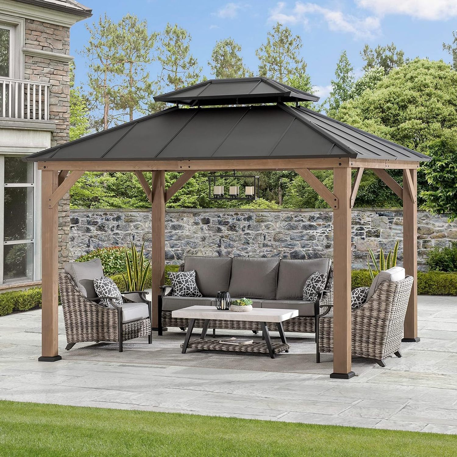 Sunjoy 10 x 12 ft. Wood Gazebo, Outdoor Patio Steel Hardtop Gazebo, Cedar Framed Wooden Gazebo with 2-Tier Metal Roof