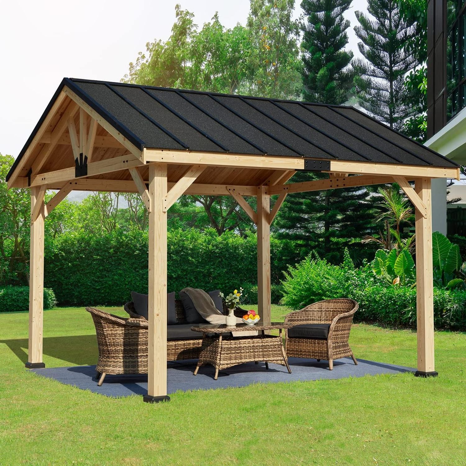 Sunjoy Wood Gazebo Pergola 13 x 15 ft. Cedar Frame Gazebos with Matte Black Steel Gable Hardtop Roof Canopy