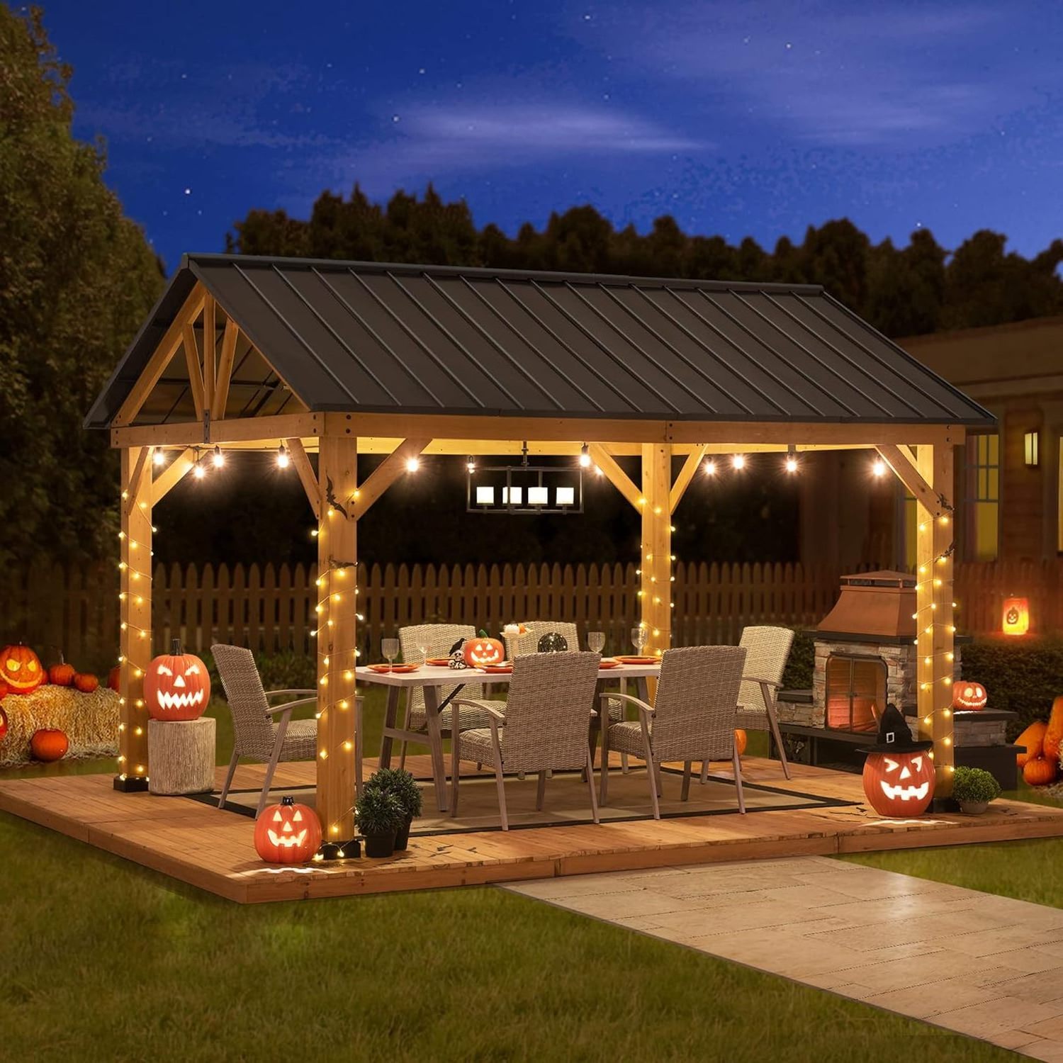 Sunjoy Wood Gazebo Pergola 13 x 15 ft. Cedar Frame Gazebos with Matte Black Steel Gable Hardtop Roof Canopy