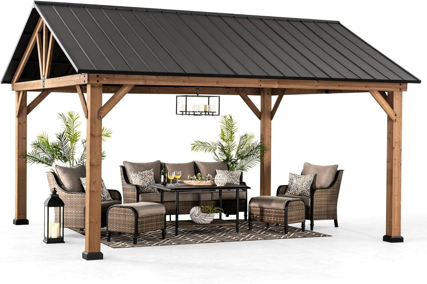 Sunjoy Wood Gazebo Pergola 13 x 15 ft. Cedar Frame Gazebos with Matte Black Steel Gable Hardtop Roof Canopy