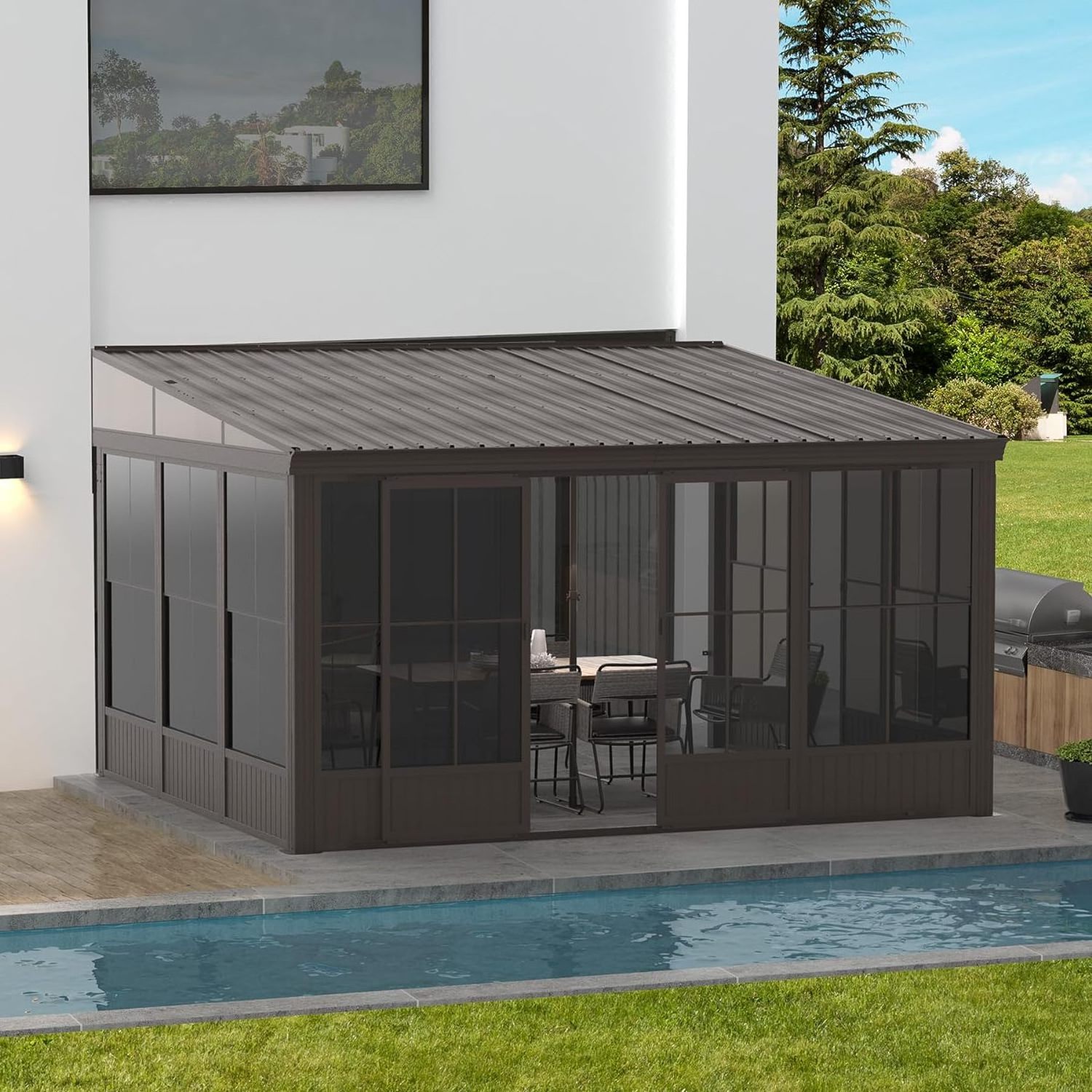 hardtop gazebo Sunroom Aluminum Wall Mounted Gazebo with Galvanized Steel Sloping Roof,Sliding Door,Lean to Gazebo