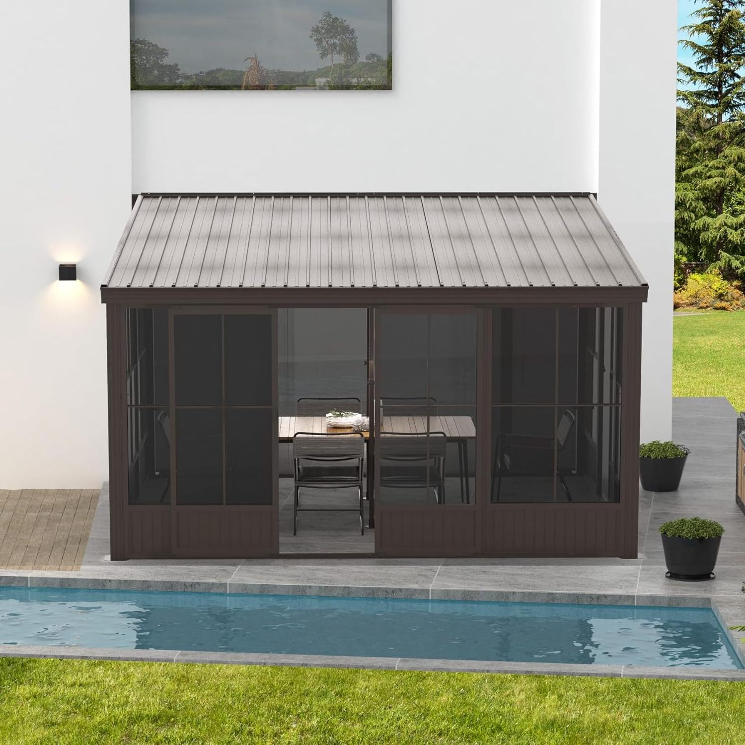 hardtop gazebo Sunroom Aluminum Wall Mounted Gazebo with Galvanized Steel Sloping Roof,Sliding Door,Lean to Gazebo