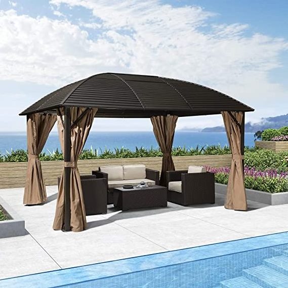 10' X 12' Hardtop hard top Permanent Patio Galvanized Steel Canopy Aluminum Frame Garden Gazebo with Curtains and Netting