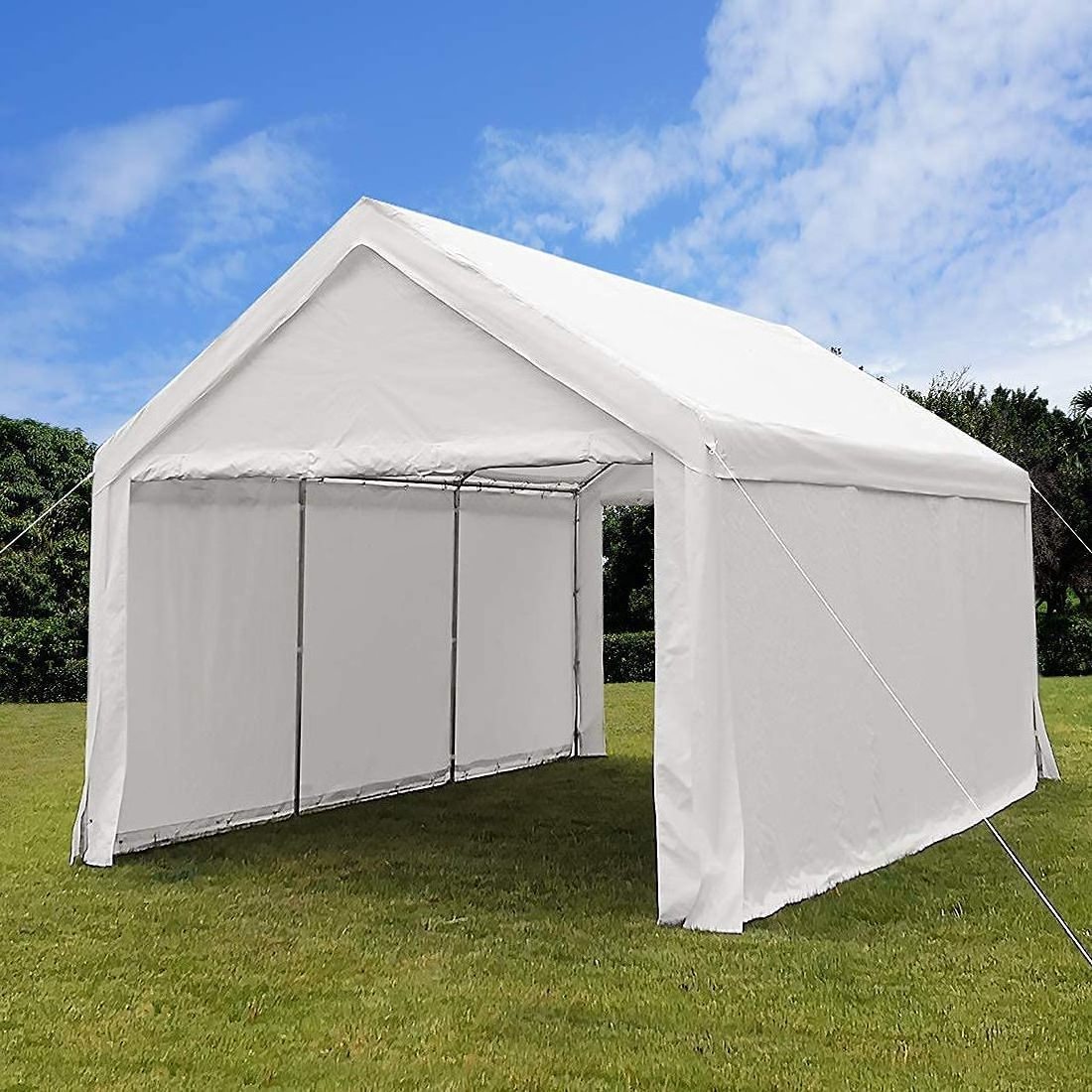 10' x 20' Car Storage Carport Garage Canopy Shelter Tent With Sidewalls White - 6 Legs Galvanized Poles for Carport