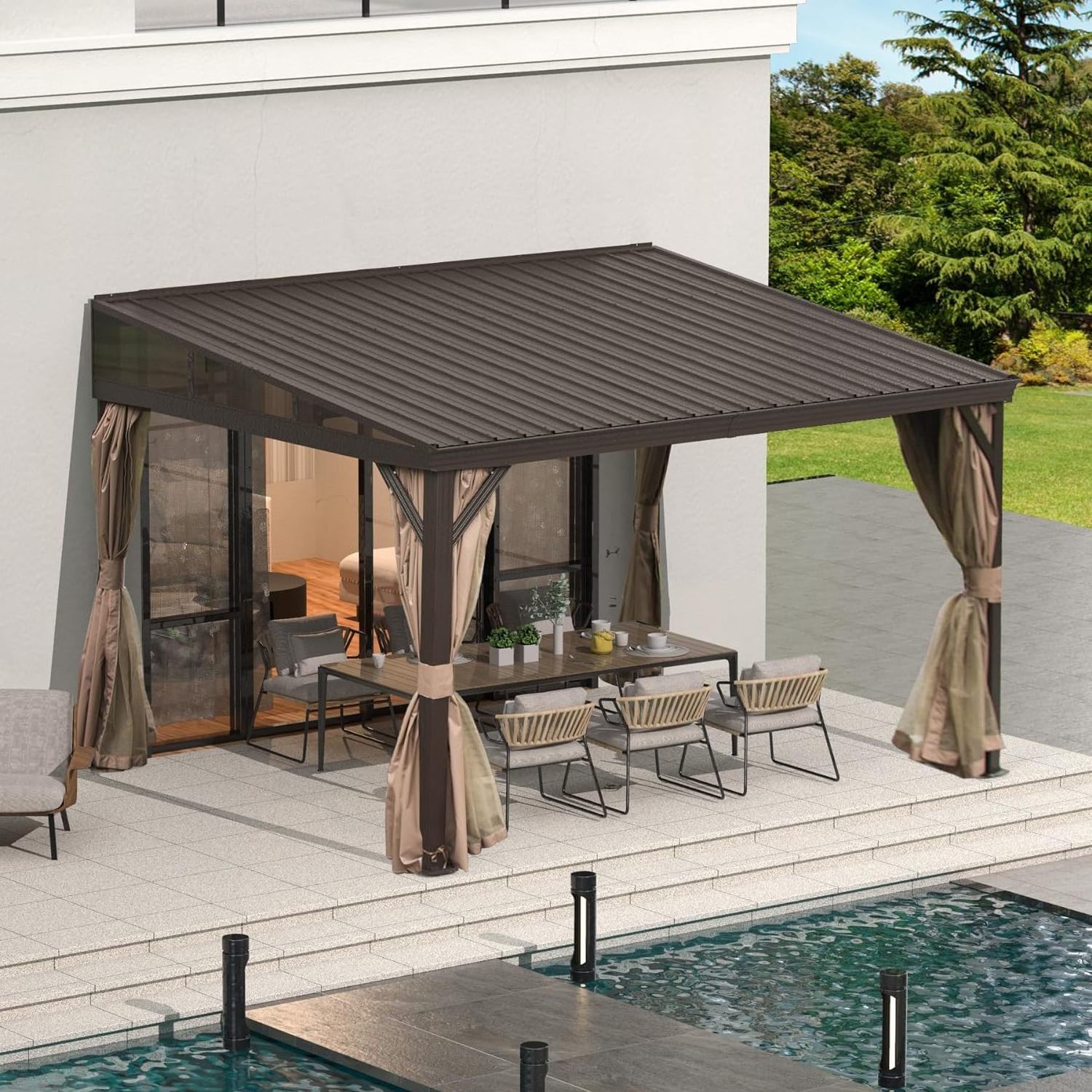 Lean to Gazebo, Hardtop Hard Top Wall Mounted Gazebo with Sloping Galvanized Steel Roof, Wall Pergola with Aluminum Frame