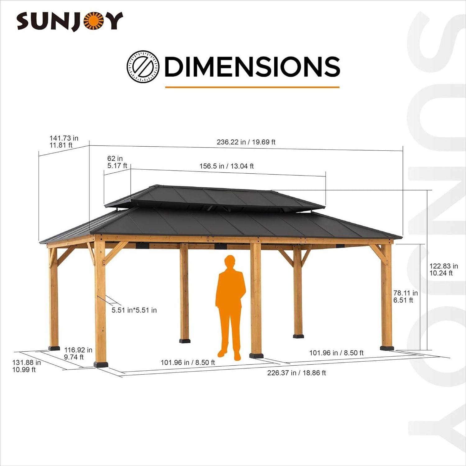 Wood Gazebo 12x20 - Outdoor Patio Wooden Gazebo with Hardtop Metal Roof