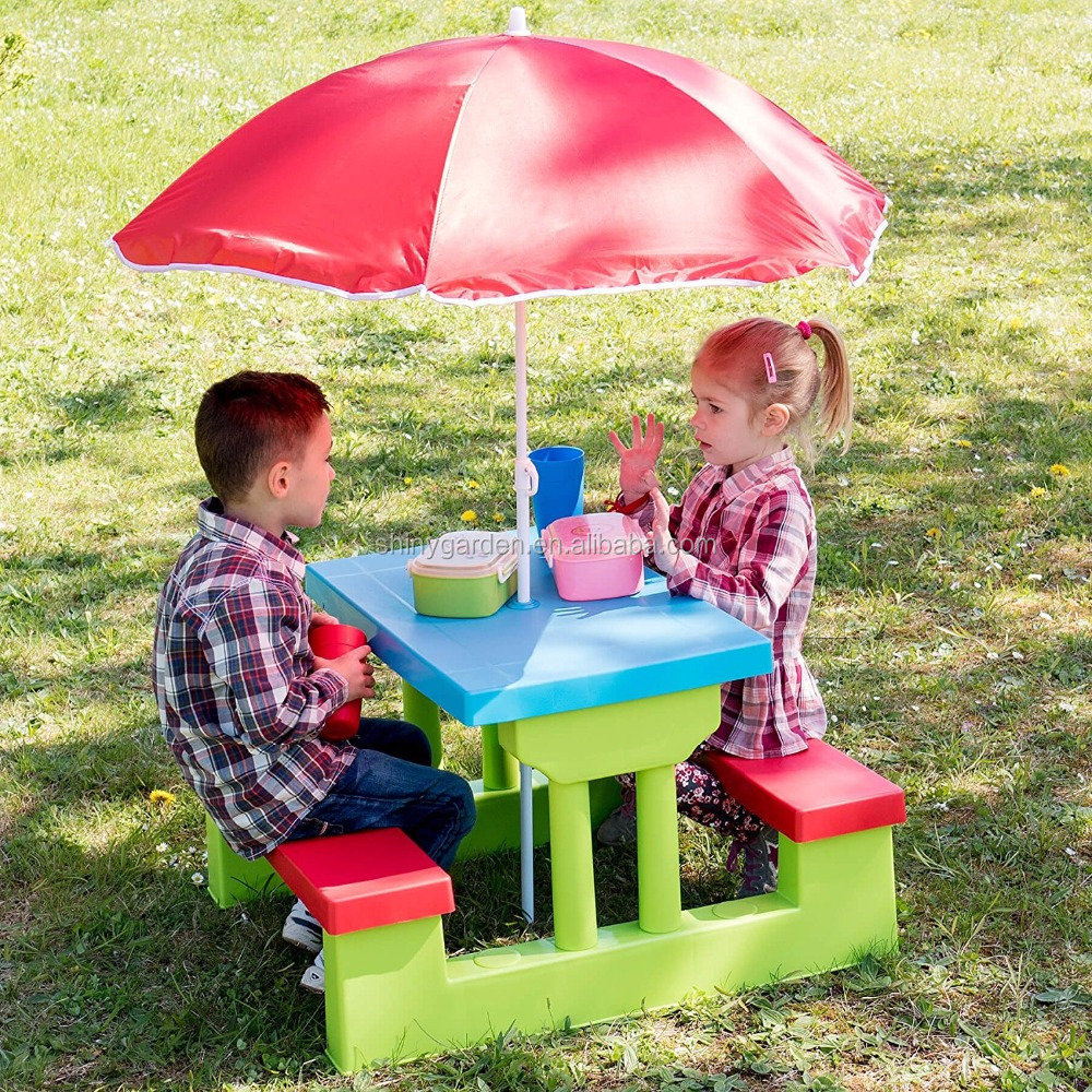 Kids Multi-Colour Picnic Table Outdoor Indoor Bench Set Chair with Umbrella