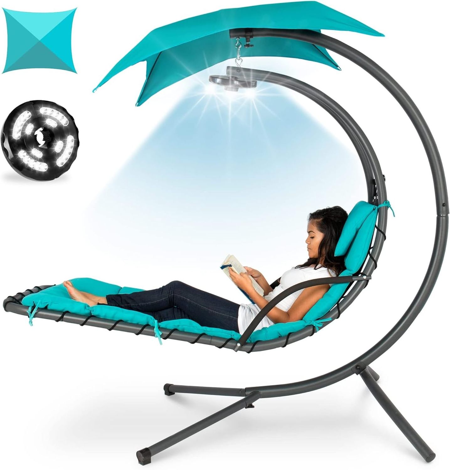 Hanging Chaise Lounger Chair Arc Stand Air Porch Swing Hammock Chair With Canopy LED-Lit Light