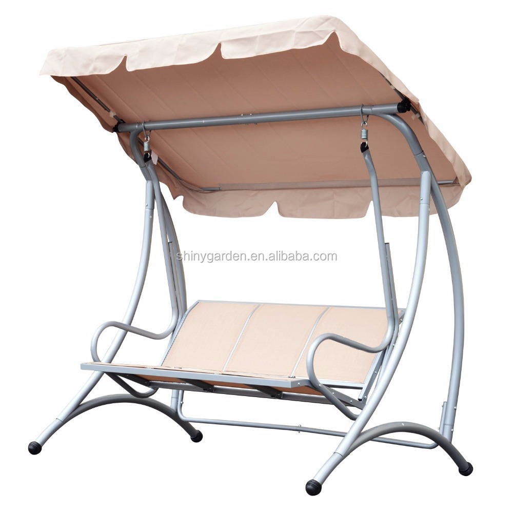 Sling Fabric 3 Person Steel Outdoor Patio Porch Swing Chair with Adjustable Canopy Lawn -Beige