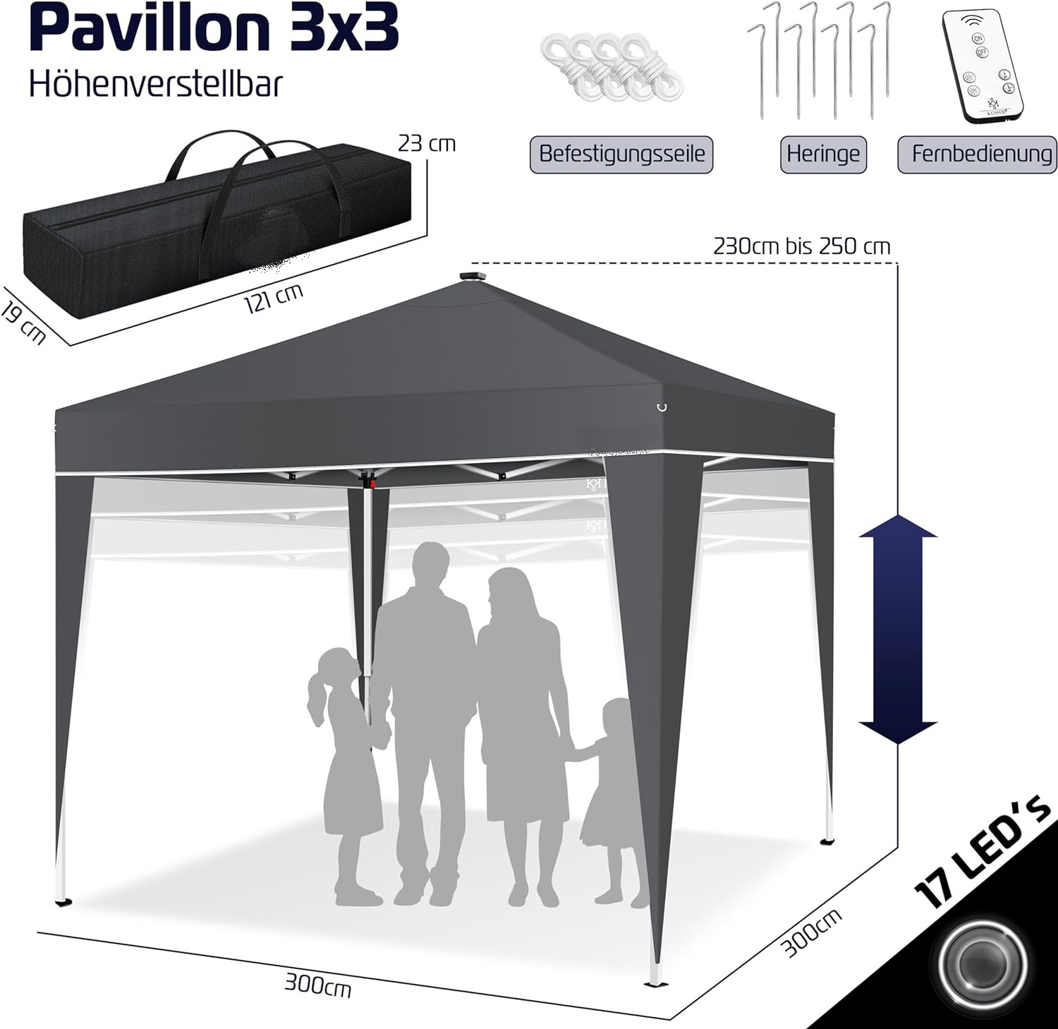 Gazebo Folding Gazebo 3 x 3 m with LED Lighting Solar Remote Control Garden Tent