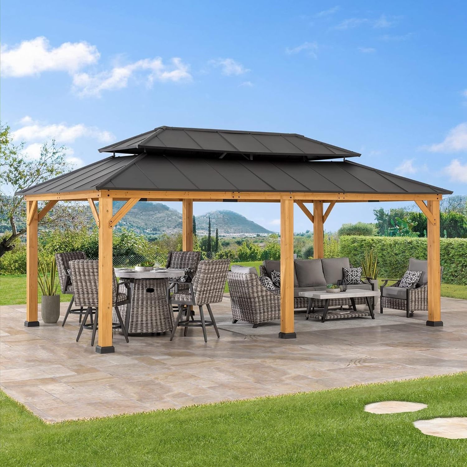 Wood Gazebo 12x20 - Outdoor Patio Wooden Gazebo with Hardtop Metal Roof