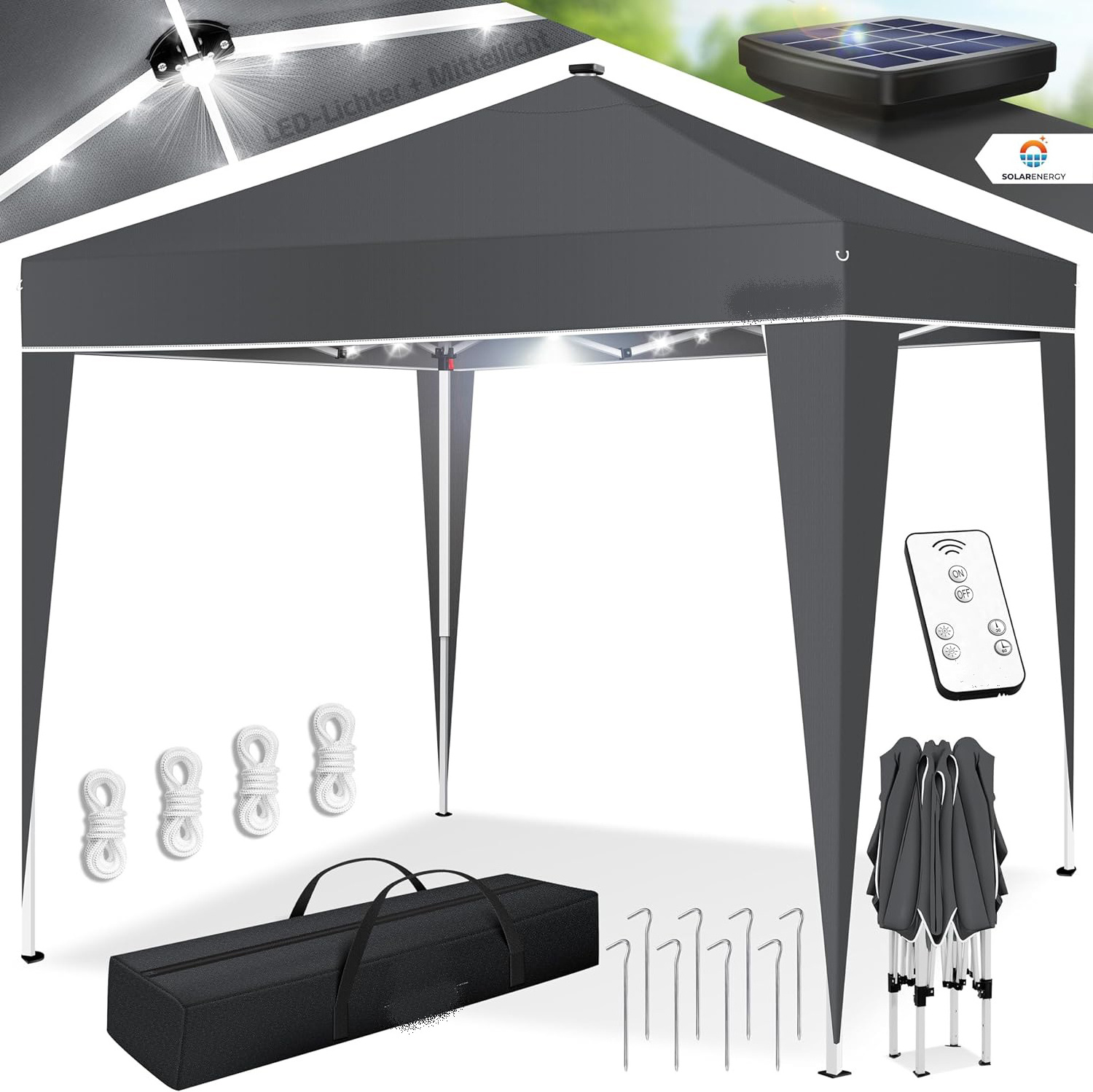 Gazebo Folding Gazebo 3 x 3 m with LED Lighting Solar Remote Control Garden Tent