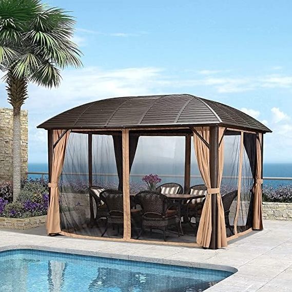 10' X 12' Hardtop hard top Permanent Patio Galvanized Steel Canopy Aluminum Frame Garden Gazebo with Curtains and Netting