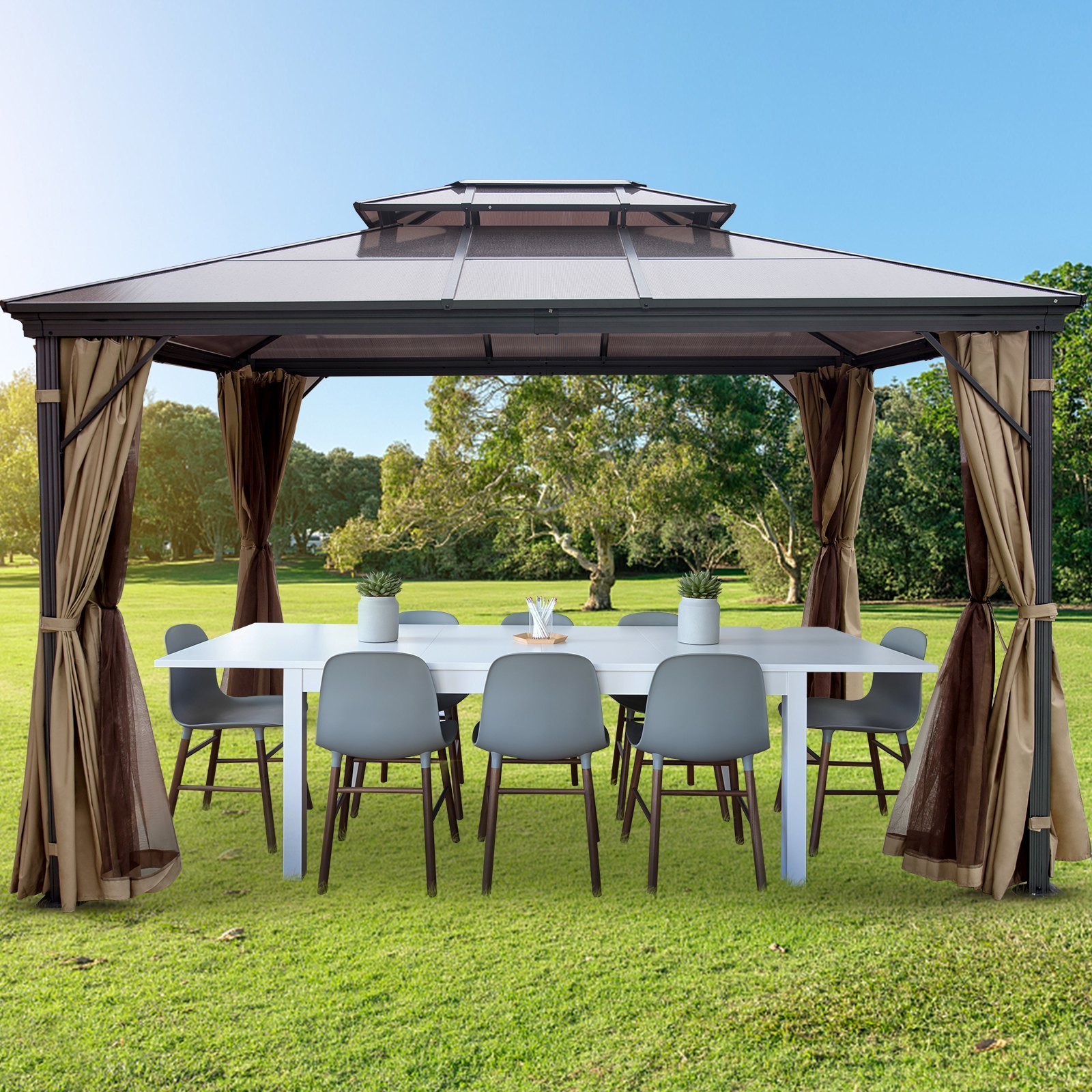 Patio Gazebo Canopy Hardtop with Mosquito Netting 10x12 ft Outdoor Gazebo Canopy