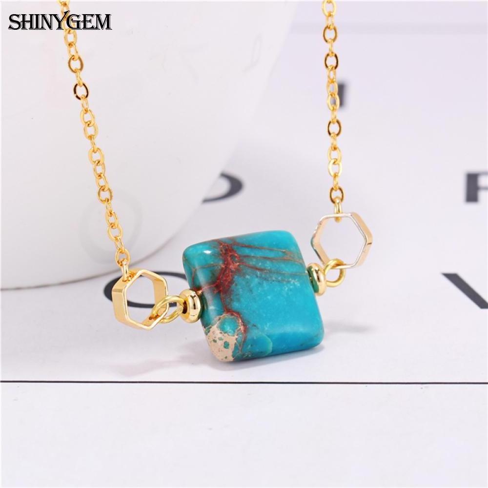 Fashion square shape 24k gold plated box chain imperial jasper beads charms pendant women jewelry necklace